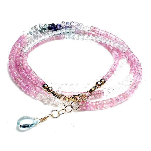 14K Gold Gemstone Wrap Bracelet Necklace: Moonstone, Sapphire, Aquamarine - Picture 4 of 13